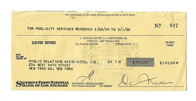 David Niven - English Actor - Autographed 1959 Check W/COA