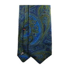 Isaia Napoli Seven  Fold Blue/ Green Paisley Mens Silk Tie Made In France