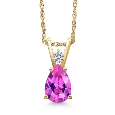 14K Yellow Gold Pink Created Sapphire and Lab Grown Diamond Pendant Necklace