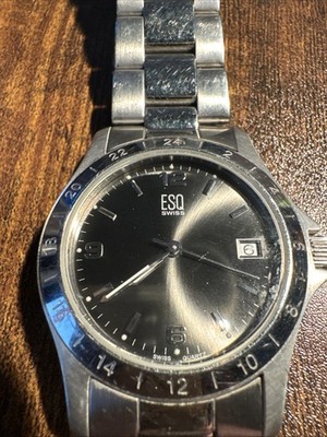 Men's ESQ by Movado Silver Tone Bracelet Watch 37mm, Blk Dial, Date, Runs E5099