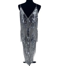ASOS Silver Sequin and Mesh Dress women’s 12 maximalist stretch Beaded NEW
