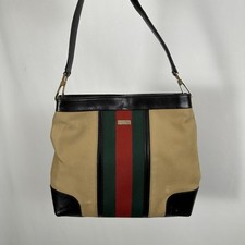 GUCCI Sherry Stripe One Shoulder Logo Nylon Leather Bag Vintage Authentic