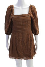 Faithfull The Brand Womens Linen Short Puffy Sleeves A Line Dress Brown Size 4