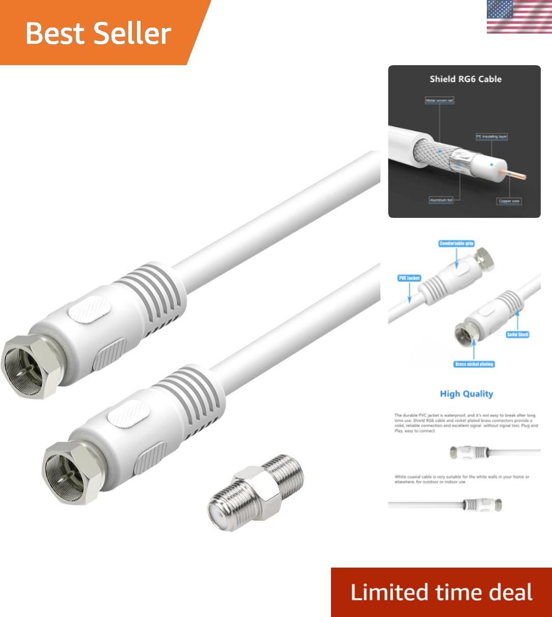 High-Speed 1 ft White RG6 Coaxial Cable Male to Male with Adapter 75 Ohms