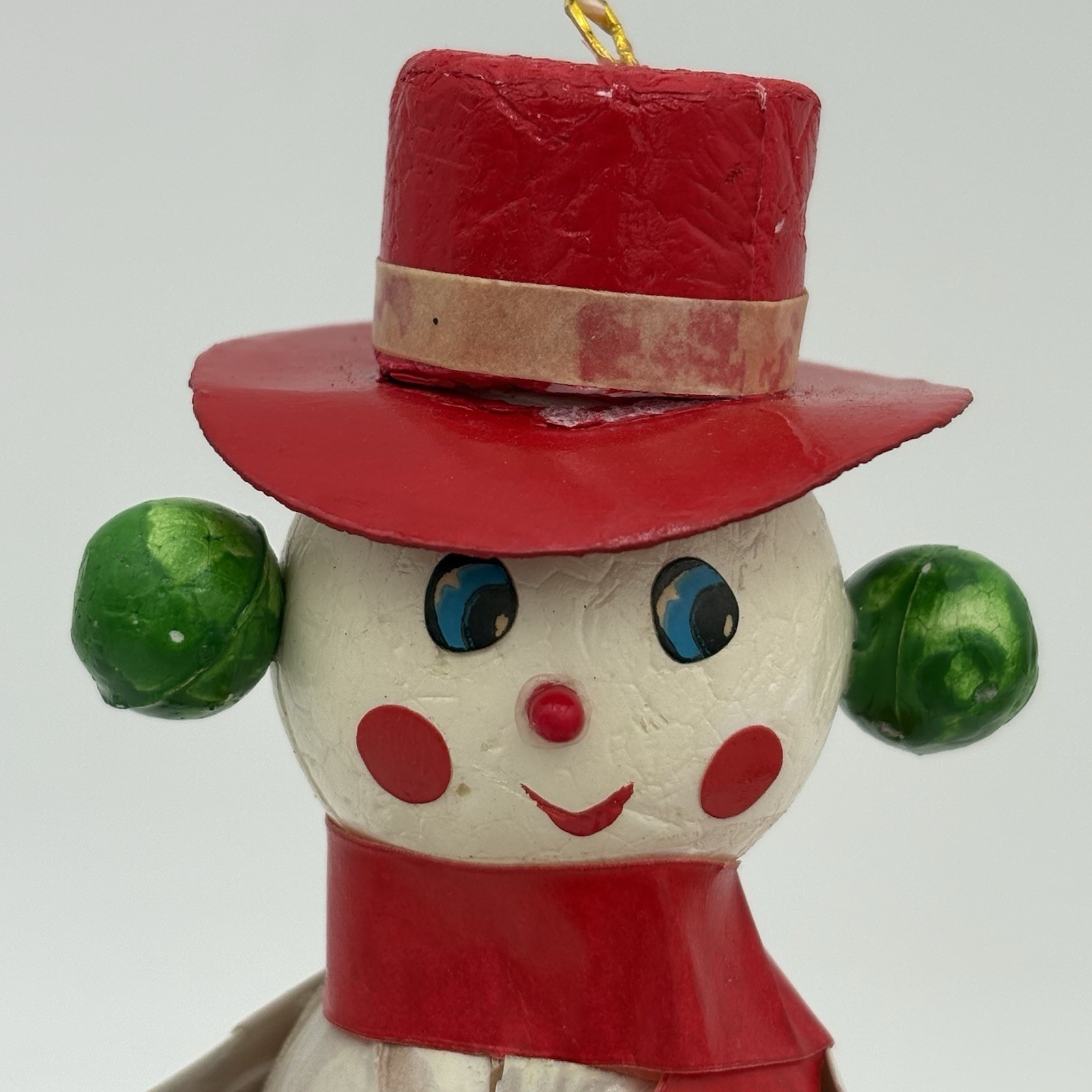 Vintage 1960s Taiwan Paper Mache Snowman Ornaments Set of 7 Red Hat Christmas