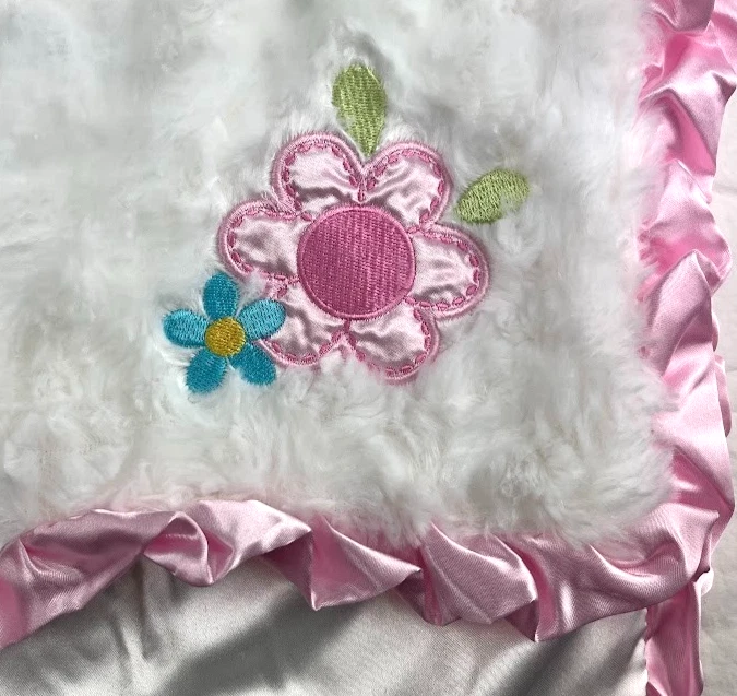 Baby Starters Girl Flower Pink Satin Ruffle Trim White Rosette Fluffy Blanket - Image 3 of 3