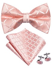 Mens Plaid Checkered Pre-Tied Bow Tie, Handkerchief, Pocket Square, Cufflinks
