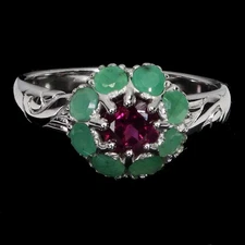 925 Sterling Silver Ring Round Rhodolite Garnet Emerald Gemstone Jewelry Size 7.