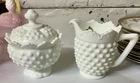 Vintage Fenton Hobnail Milk Glass Creamer & Covered Sugar Bowl Set White Lidded