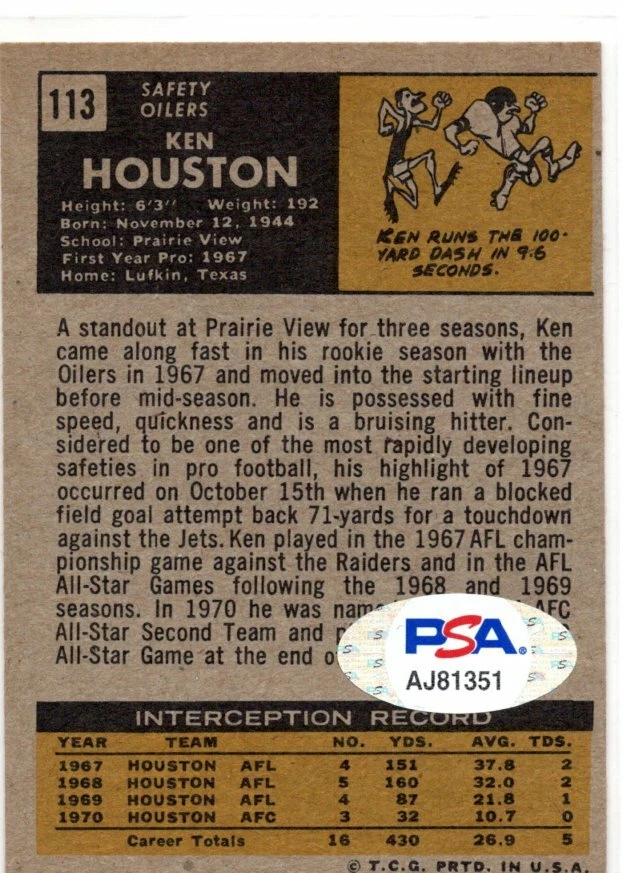 KEN HOUSTON PSA DNA ASSINADO 1971 TOPPS HALL OF FAME CARTÃO DE NOVATO OILERS WASHINGTON - Imagem 2 de 3