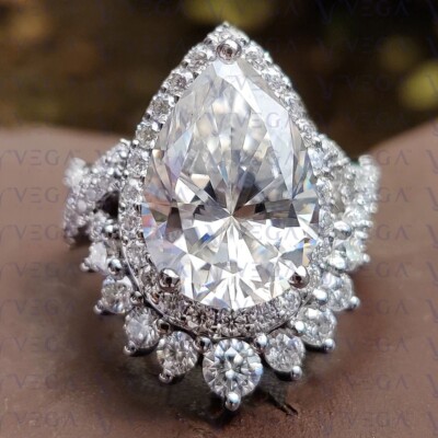 6.00crt Pear Cut Natural Mine Moissanite Split Shank Ring 14K White Gold Plated