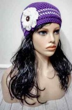 crochet womans handmade flower hat beanie simply purple white stripe