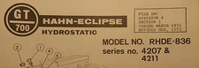 HAHN-ECLIPSE Hydrostatic GT-700 Lawn Garden Riding Tractor Parts Manual RHDE-836