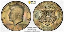 MS66 1972 50C Kennedy Half Dollar, PCGS Trueview- Rainbow Envelope Toned