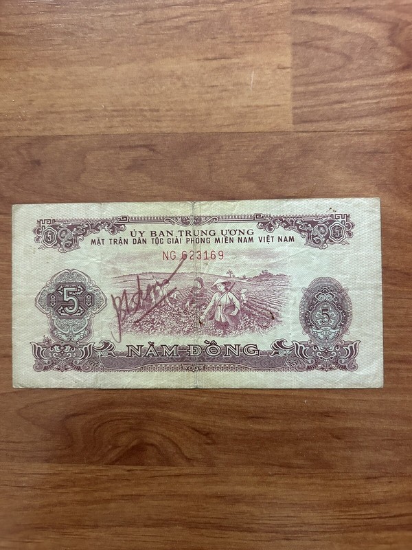 1963 - 1969 National Front For Liberation Of South Viet Nam 5 Dong W/ Signature.