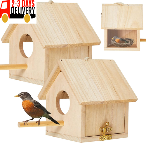 2 Pcs Wooden Bird Houses for outside Transparent Hanging Outdoor Bird House Deco