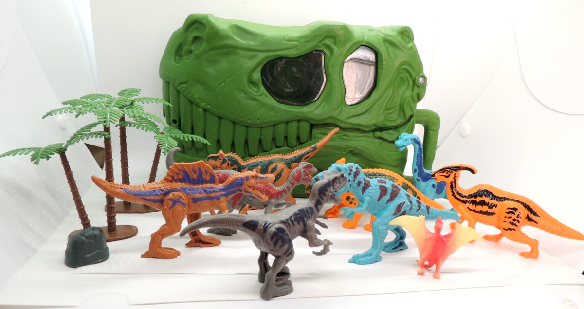 Dinosaur Playset with Green Handled Hinged T-Rex Storage Case Fun