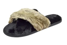 INC Faux-Fur Cross Band Slippers in-outdoor use Black Large 9-10