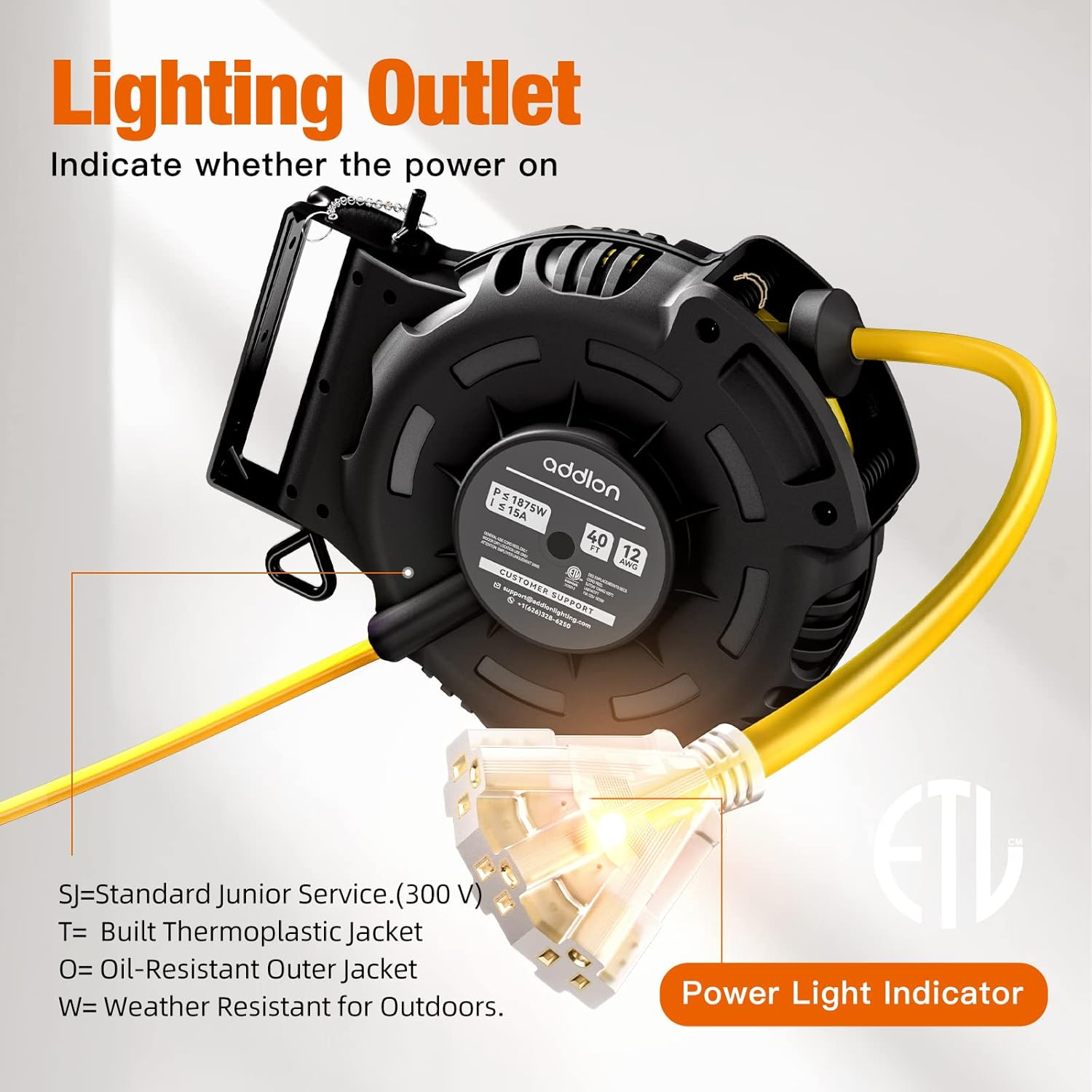 Retractable Extension Cord Reel - 40FT Heavy Duty 12 AWG Power Cord with 5FT ...-image