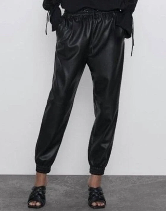 ZARA Black Faux Leather Trousers Joggers Size Medium