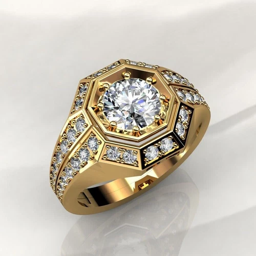3.50 CTW Round Cut Moissanite Men's Engagement Ring Solid 14k Yellow Gold Finish - Bild 1 von 4