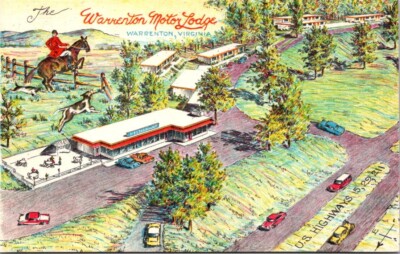 Warrenton Motor Lodge VA Artist Rendering Hunter Horse Dog postcard JQ5