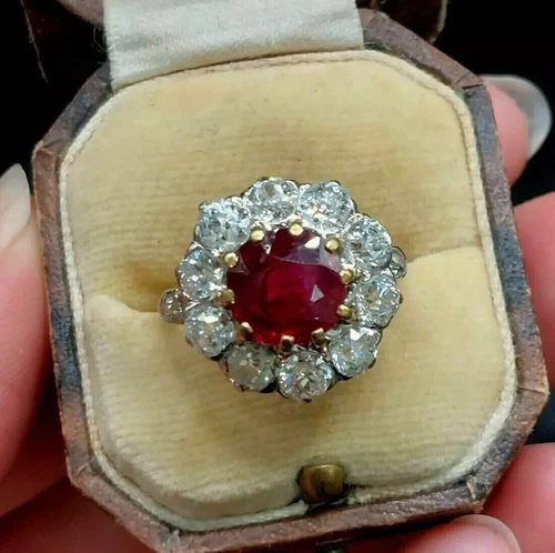 Art Deco 2.8Ct Round Ruby & Lab Created Diamond 14K Gold Finish Engagement Ring