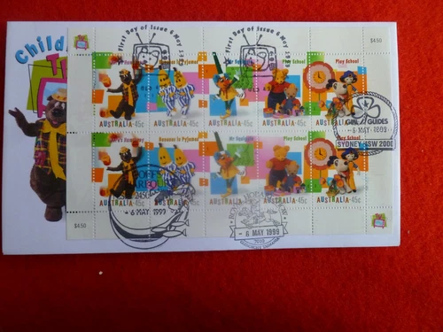 1999 AUSTRALIAN  CHILDRENS TV  SHEETLET 10 AFFIXED FIRST DAY COVER 4 DIFF PMKS