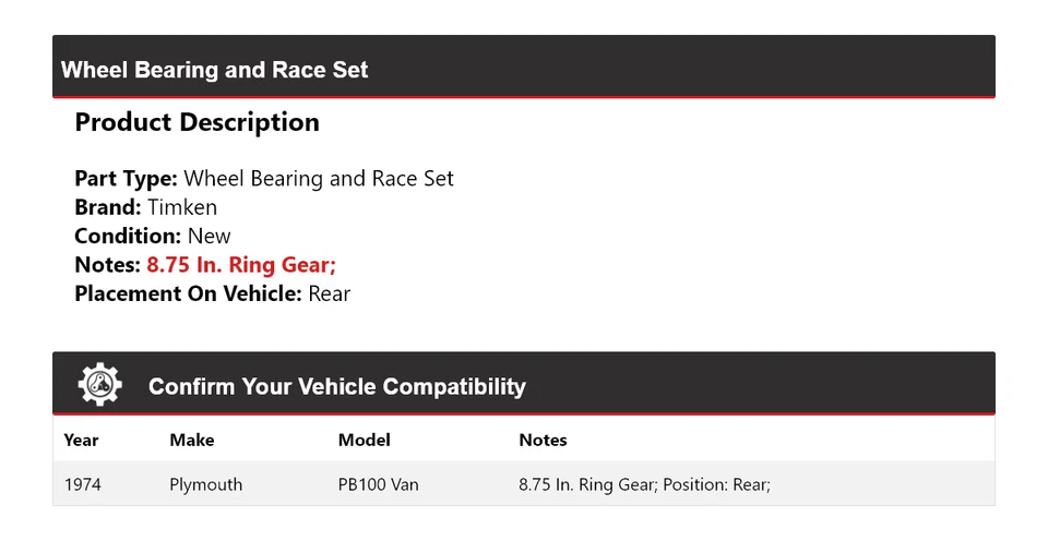 For 1974 Plymouth PB100 Van Wheel Bearing and Race Set Rear Timken - Image 2 of 4