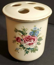 Spring Maid Ceramic Tooth Brush Holder Cream w/ Gold  Rose Floral Accents
