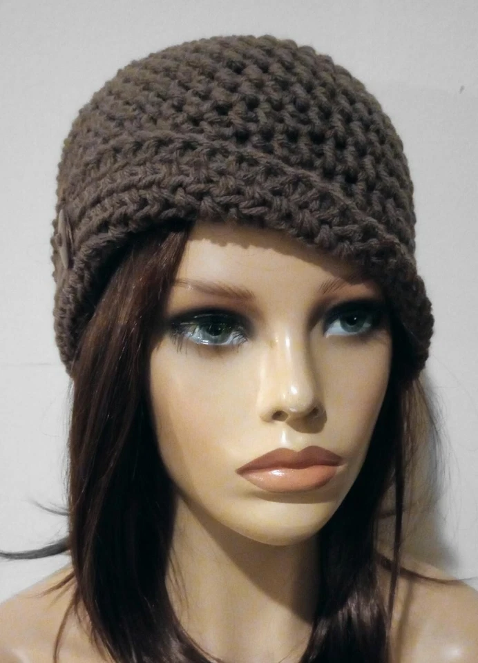 ganchillo hecho a mano mujer botón sombrero cloche gorro marrón EE. UU. Foto 2 de 3