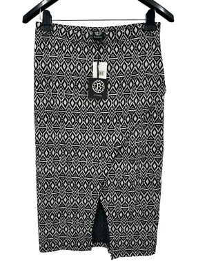 Babeau Skirt Small Argyle Print Knit Midi Faux Wrap Pencil Black White Slit NEW