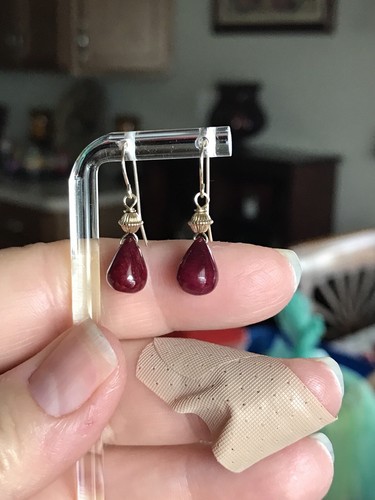 14k Gold Ruby Earrings Dangle Natural Briolette 10mm - Picture 7 of 11