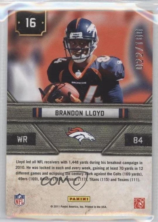 2011 Panini Absolute Memorabilia Heroes Spectrum /100 Brandon Lloyd #16 - Image 2 of 2