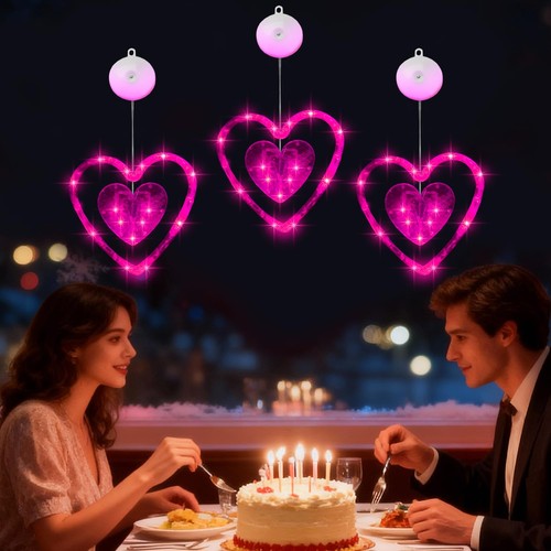 3 Pcs Valentines Day Window Lights Decorations with Timer, Double Heart Shaped  - Picture 5 of 6