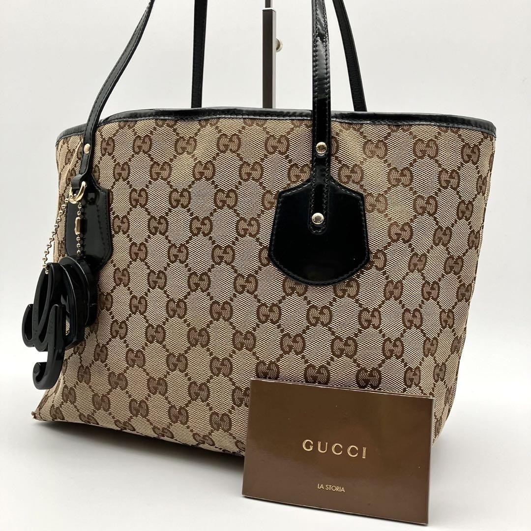 Gucci GUCCI Tote Bag GG Canvas Brown Black with Charm