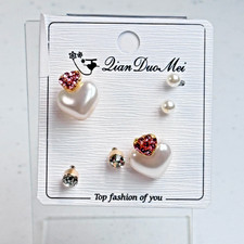 Gold Tone Pierced Stud Earrings Set Pink Rhinestone Faux Pearl Heart Drop