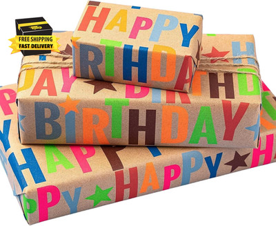 Kraft Wrapping Paper Roll Colorful Text Happy Birthday Design Perfect for Birthd