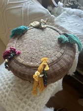 Antique~Chinese Sewing Basket Glass Beads Bangles Coins & Tassels 10” by 4”