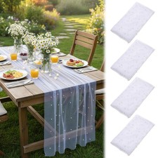 4 Pack 10 Ft Pearl Table Runner, Chiffon Tulle Fabric Cover Lace Boho Glitter...