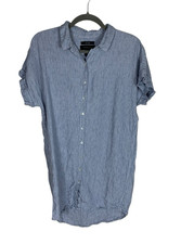 Women's Tahari Blue White Striped Linen Short Sleeve Button Front Shirt Dress M