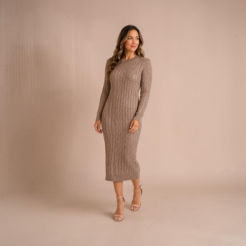 Tuckernuck Beige Ribbed Knit Crewneck Long Sleeve Midi Sweater Dress S