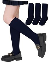 3 Pairs Girls Knee High Socks Cotton School Uniform Sock 8-10 Years Navy Blue