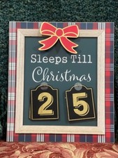 Wooden Framed Sleeps Till Christmas Calendar Shelf Sitter Plaid 10.5x12 inch