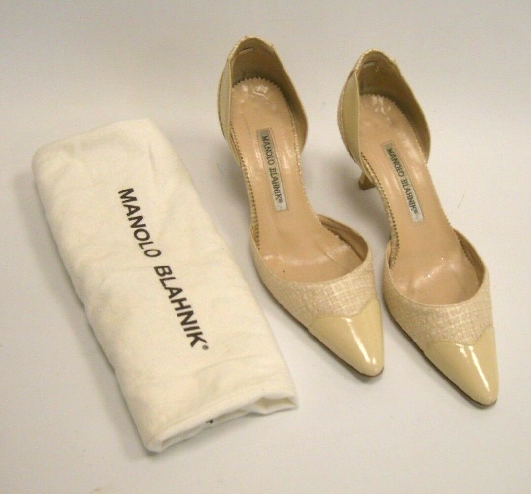 LADIES MANOLO BLAHNIK LUMADO STRAW u0026 PATENT SHOES CREAM COLOR SIZE 36 W/ BAG  | eBay