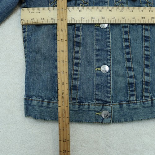 Y2K True Religion Jimmy Trucker Jacket Women Sz Small Blue Stitched Denim Jacket - Picture 7 of 14