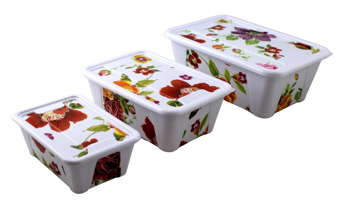 3 piece Decorative Floral Plastic Food Storage Multi Purpose Containers