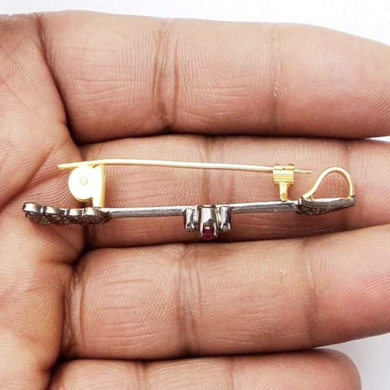 Natural Diamond Brooch 925 Sterling Silver Ruby Brooch Christmas Gift For Her - Image 2 of 3