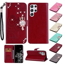 For Samsung S25 Ultra S24 S22 S21 A14 Diamond Bling Owl Leather Wallet Flip Case