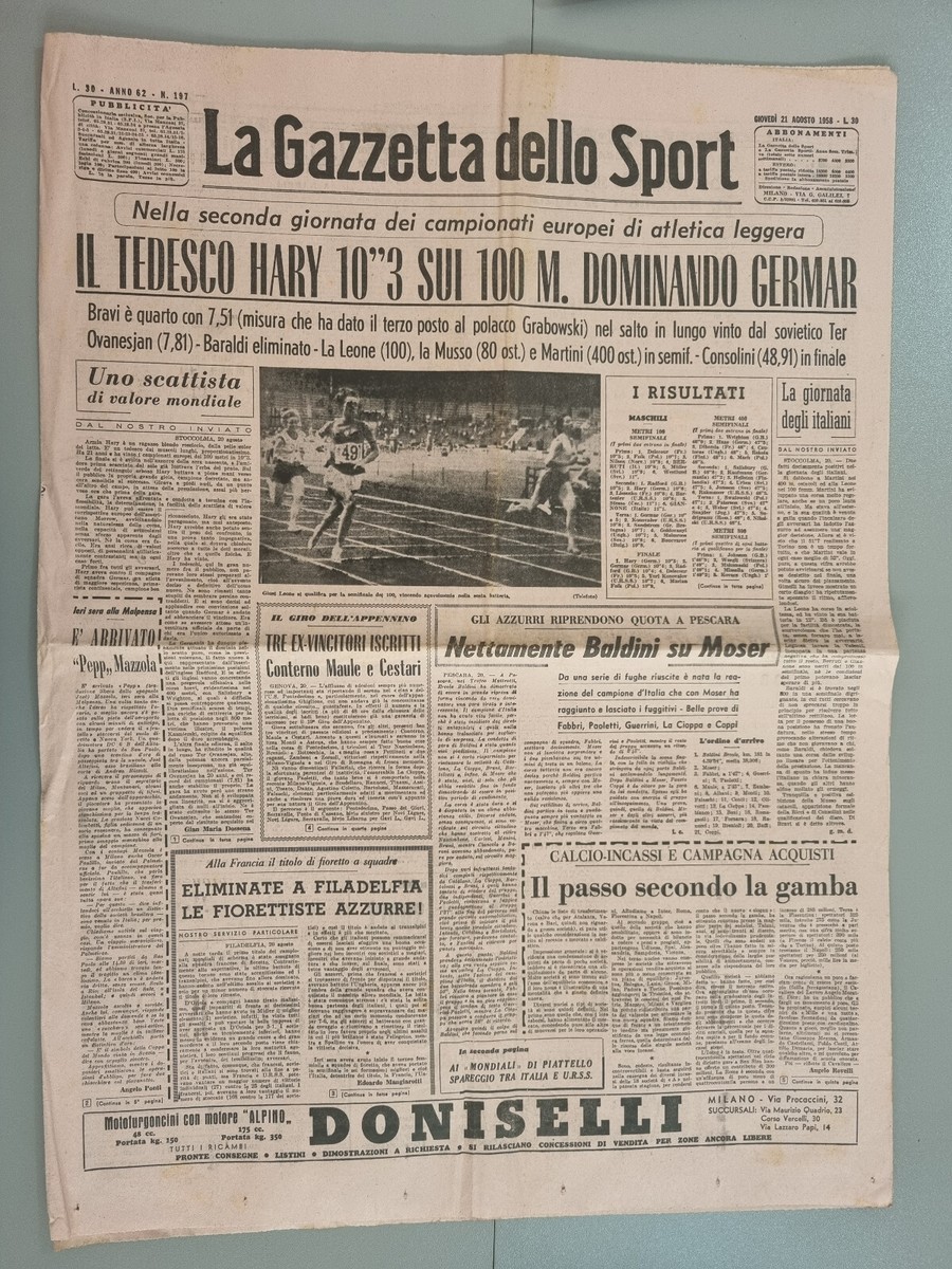 LA GAZZETTA DELLO SPORT 5/9/1958 Gasparella e Sheil Campioni del Mondo | UK LA GAZZETTA DELLO SPORT 5/9/1958 Gasparella e Sheil Campioni del Mondo | UK